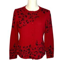 Vintage 90's Rena Rowan red cardigan with black embroidery Size Medium